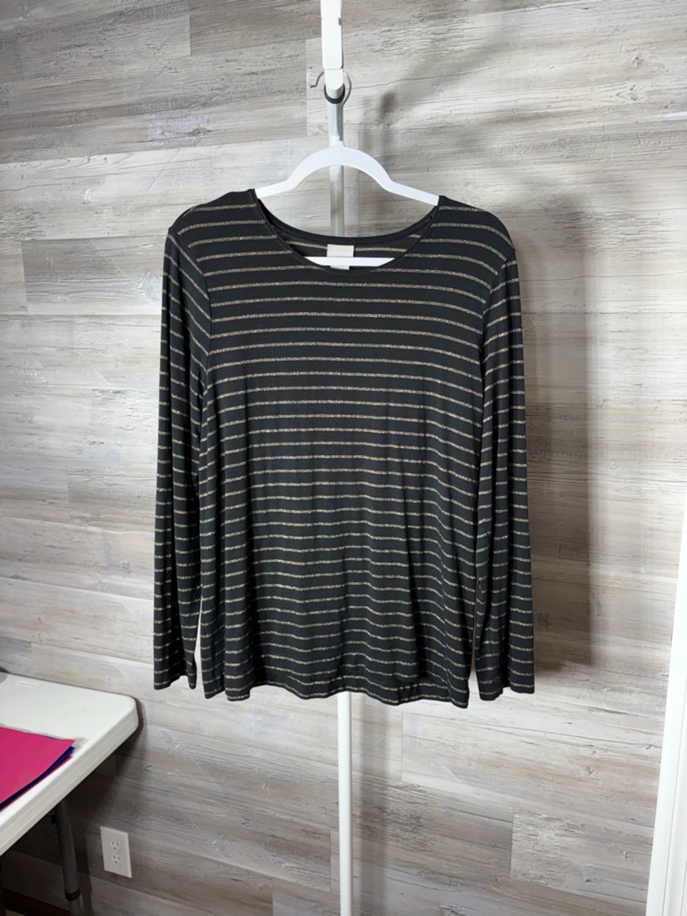 Chico's Black Long-Sleeve Top with Metallic Gold Stripes 1903